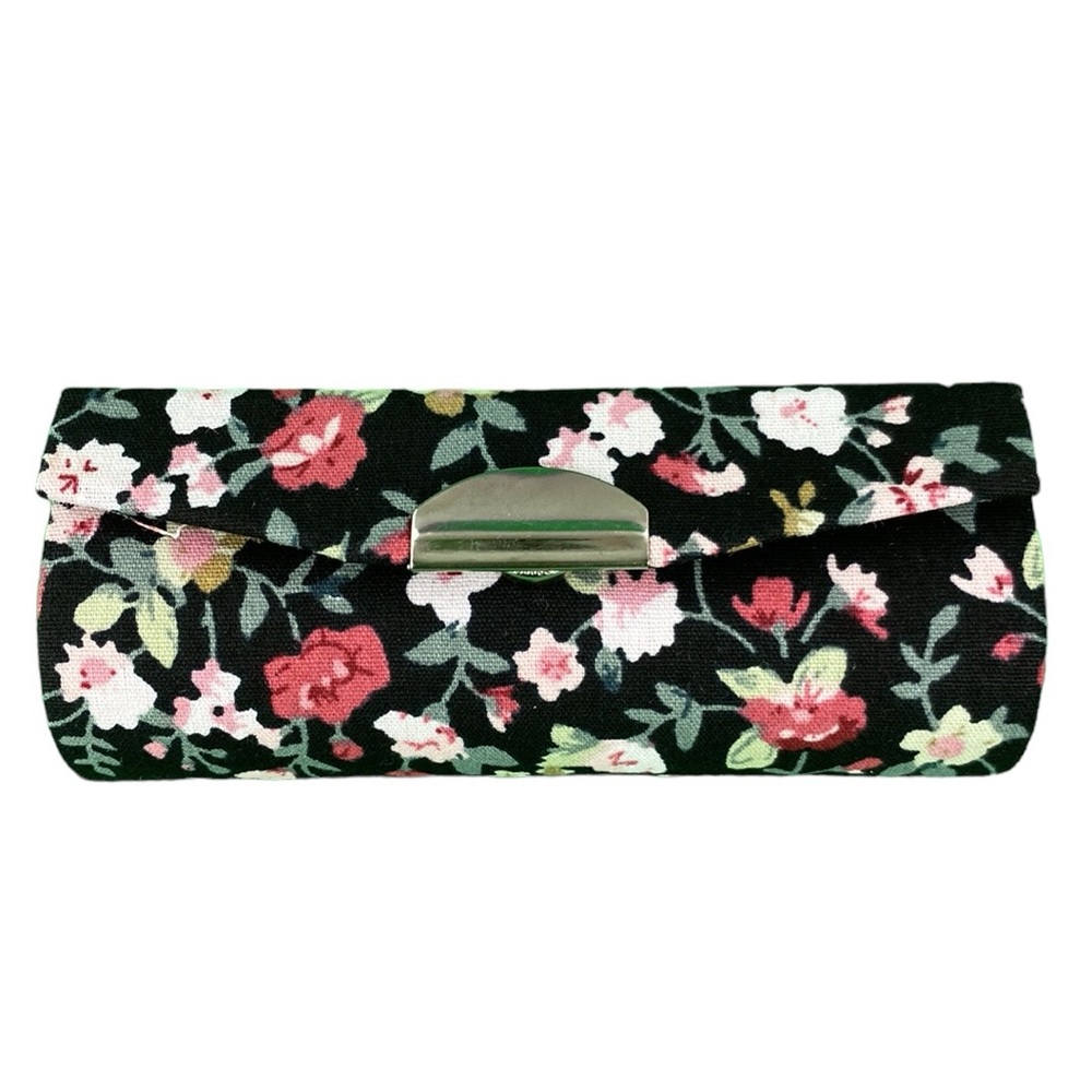 Retro Floral Print Black Lipstick Holder with Mirror